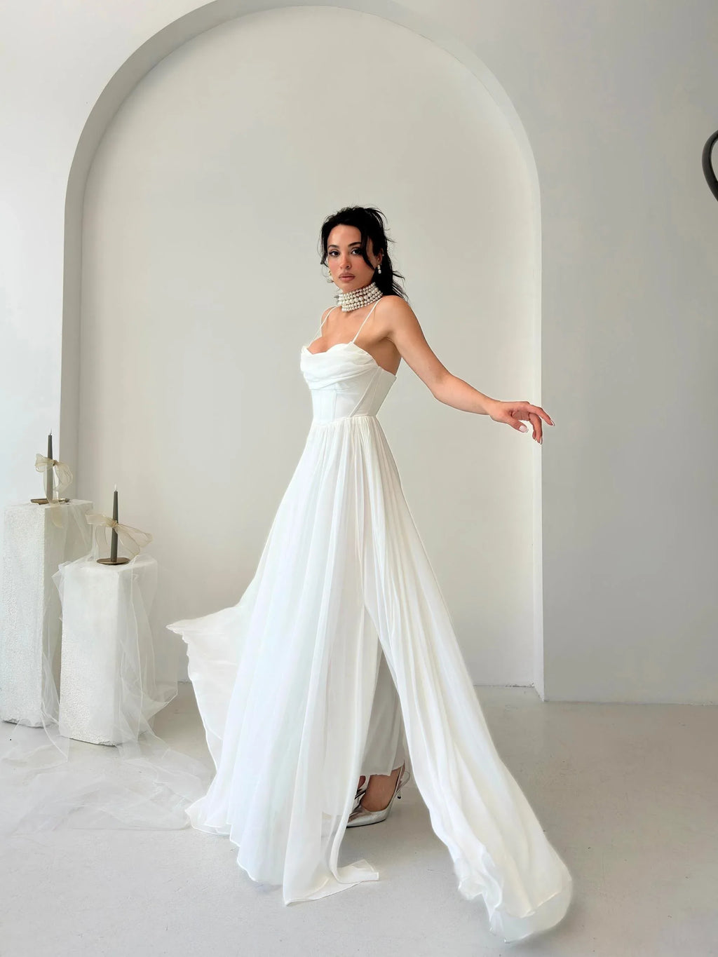 Chiffon Corset Slit Maxi Dress - White - Mirelline Store