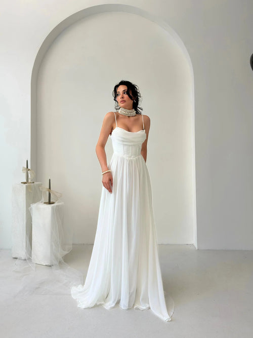 Chiffon Corset Slit Maxi Dress - White - Mirelline Store