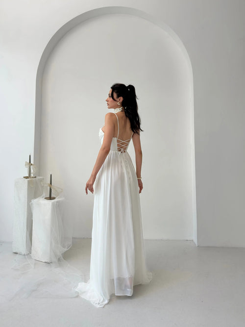 Chiffon Corset Slit Maxi Dress - White - Mirelline Store