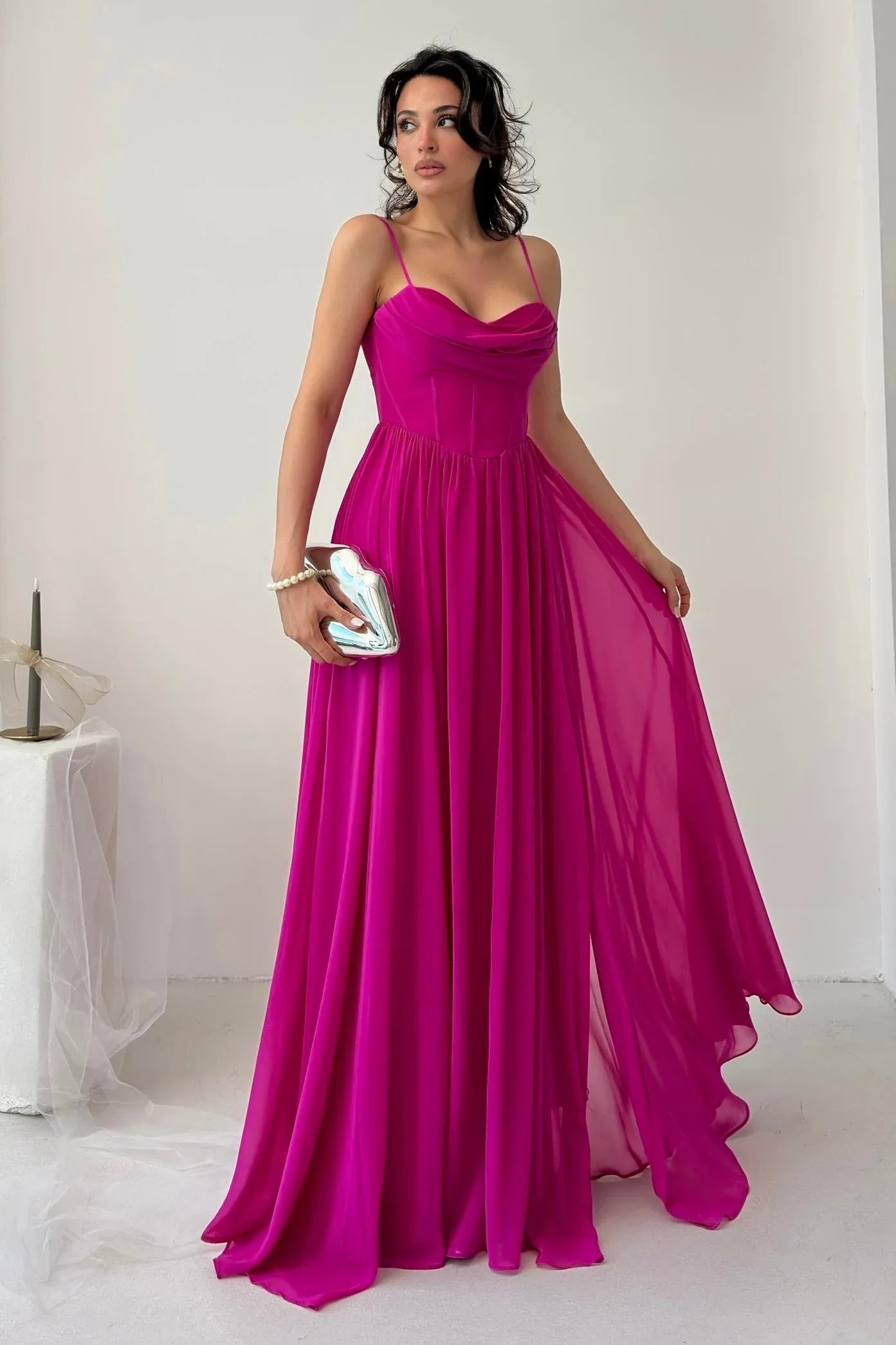 Chiffon Corset Slit Maxi Dress - Fuchsia - Mirelline Store