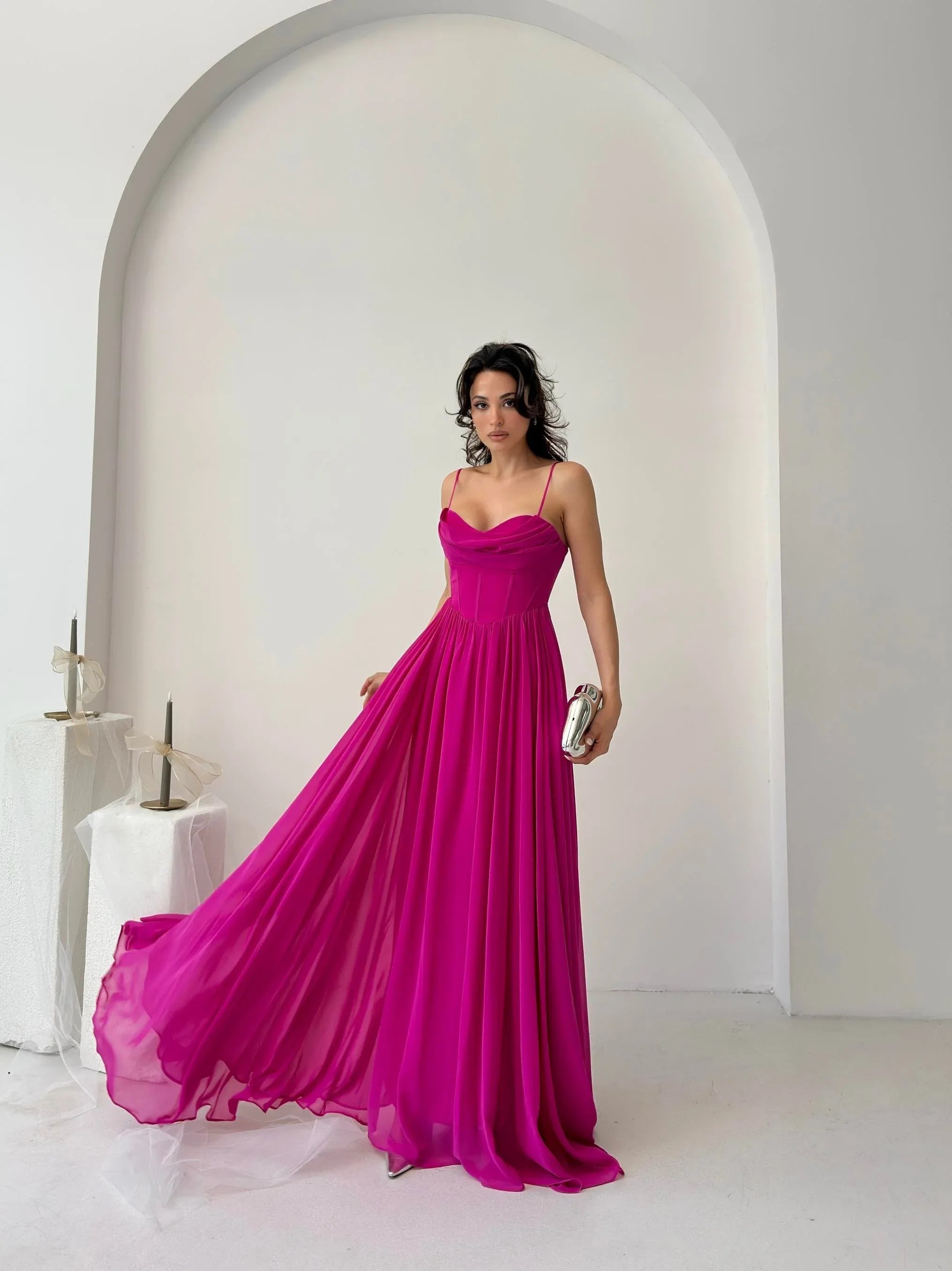 Chiffon Corset Slit Maxi Dress - Fuchsia - Mirelline Store