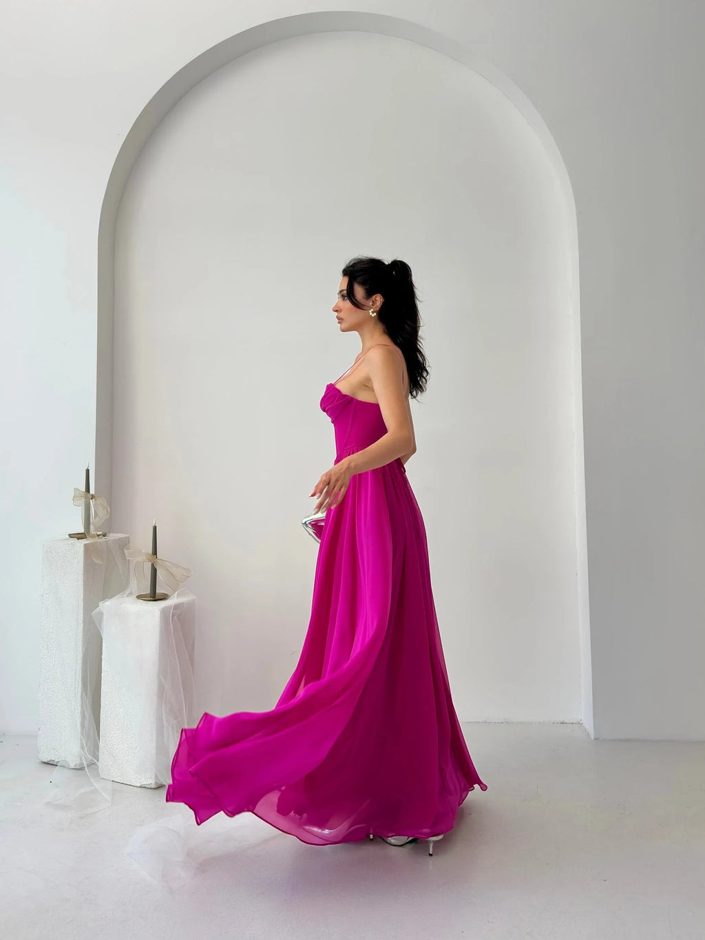 Chiffon Corset Slit Maxi Dress - Fuchsia - Mirelline Store