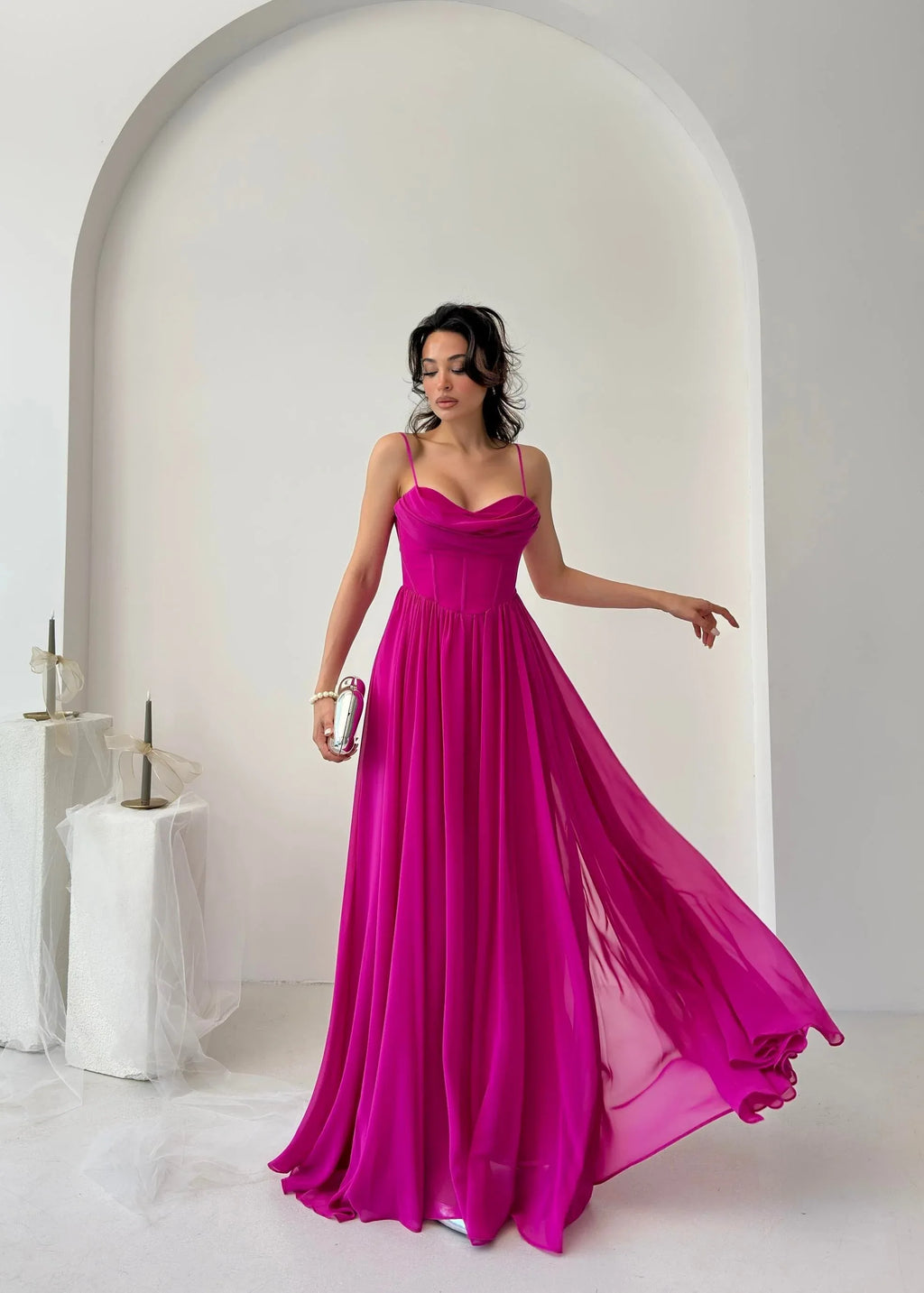 Chiffon Corset Slit Maxi Dress - Fuchsia - Mirelline Store