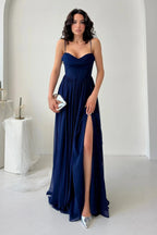 Chiffon Corset Slit Maxi Dress - Navy - Mirelline Store