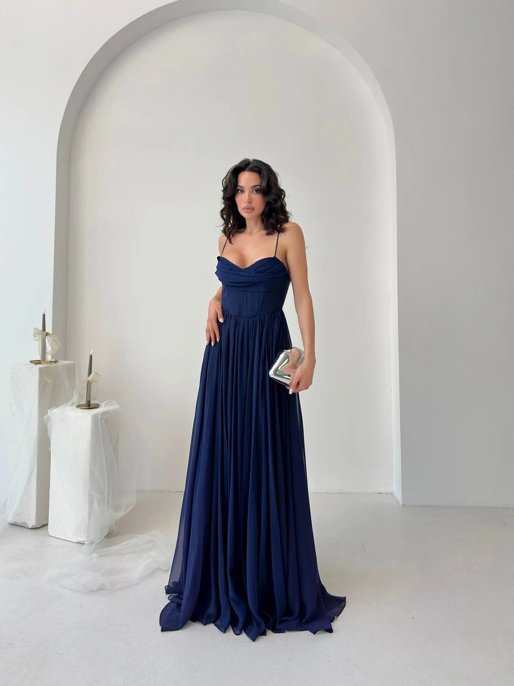Chiffon Corset Slit Maxi Dress - Navy - Mirelline Store