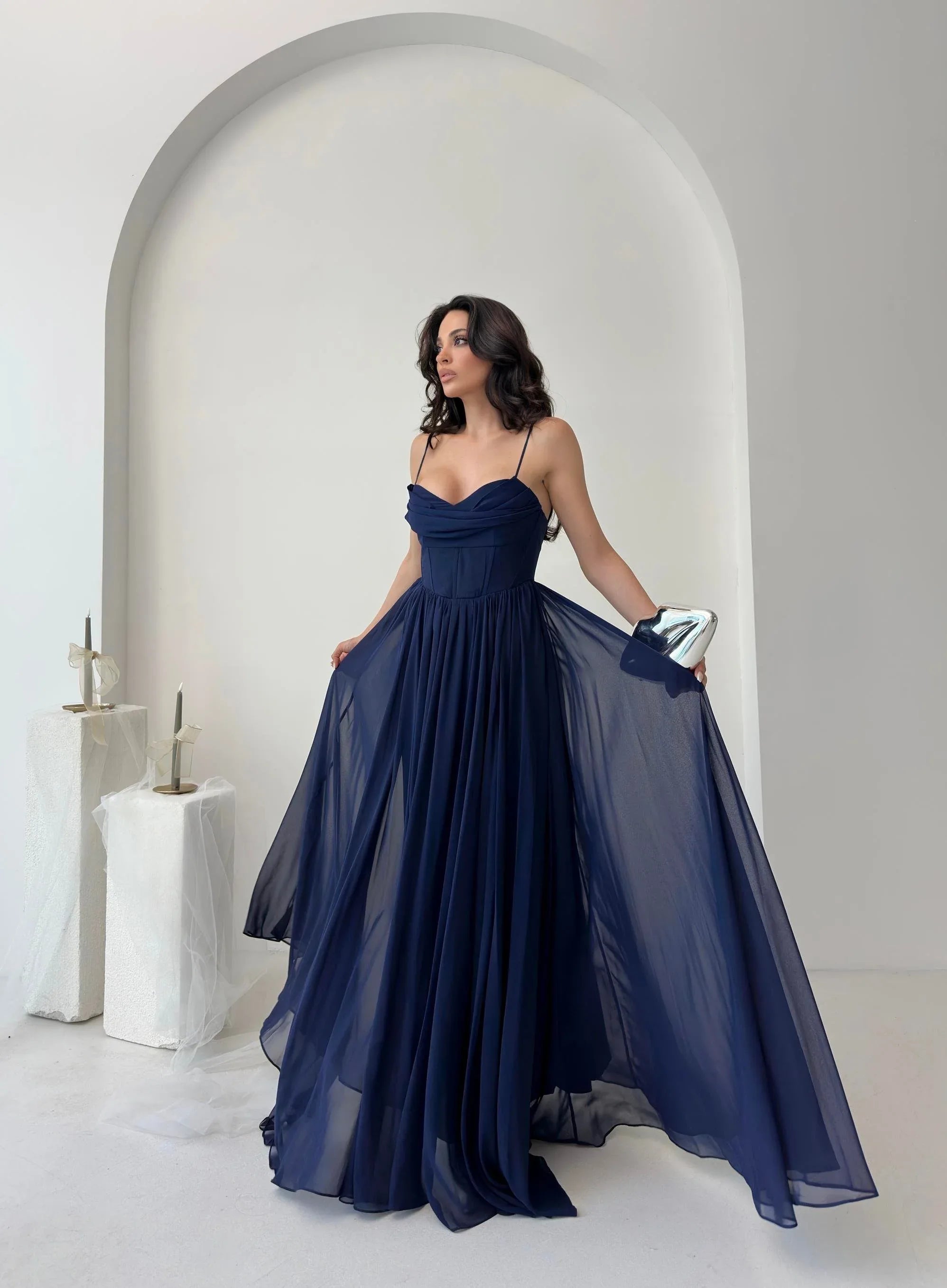 Chiffon Corset Slit Maxi Dress - Navy - Mirelline Store