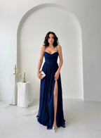 Chiffon Corset Slit Maxi Dress - Navy - Mirelline Store
