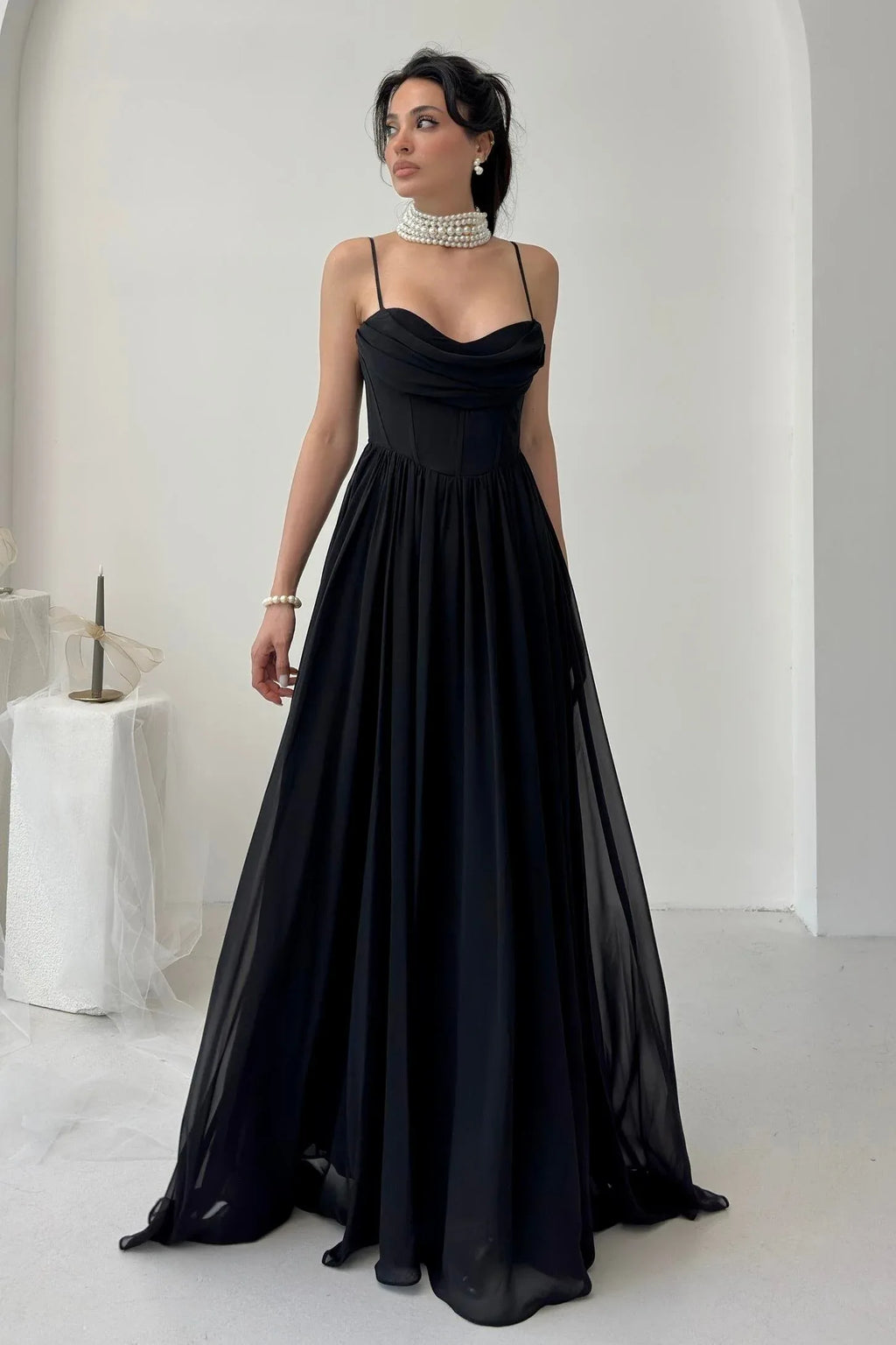 Chiffon Corset Slit Maxi Dress - Black - Mirelline Store