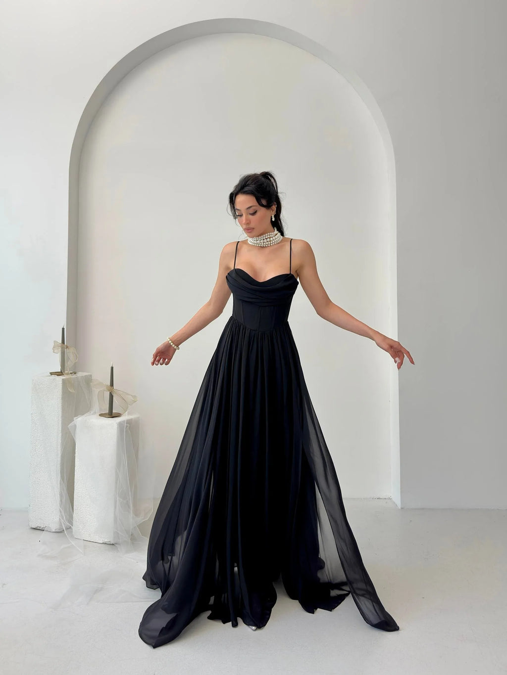 Chiffon Corset Slit Maxi Dress - Black - Mirelline Store