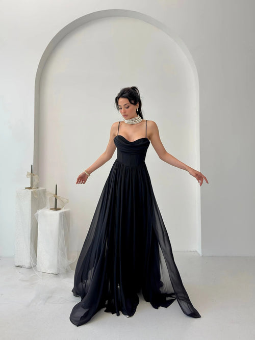 Chiffon Corset Slit Maxi Dress - Black - Mirelline Store