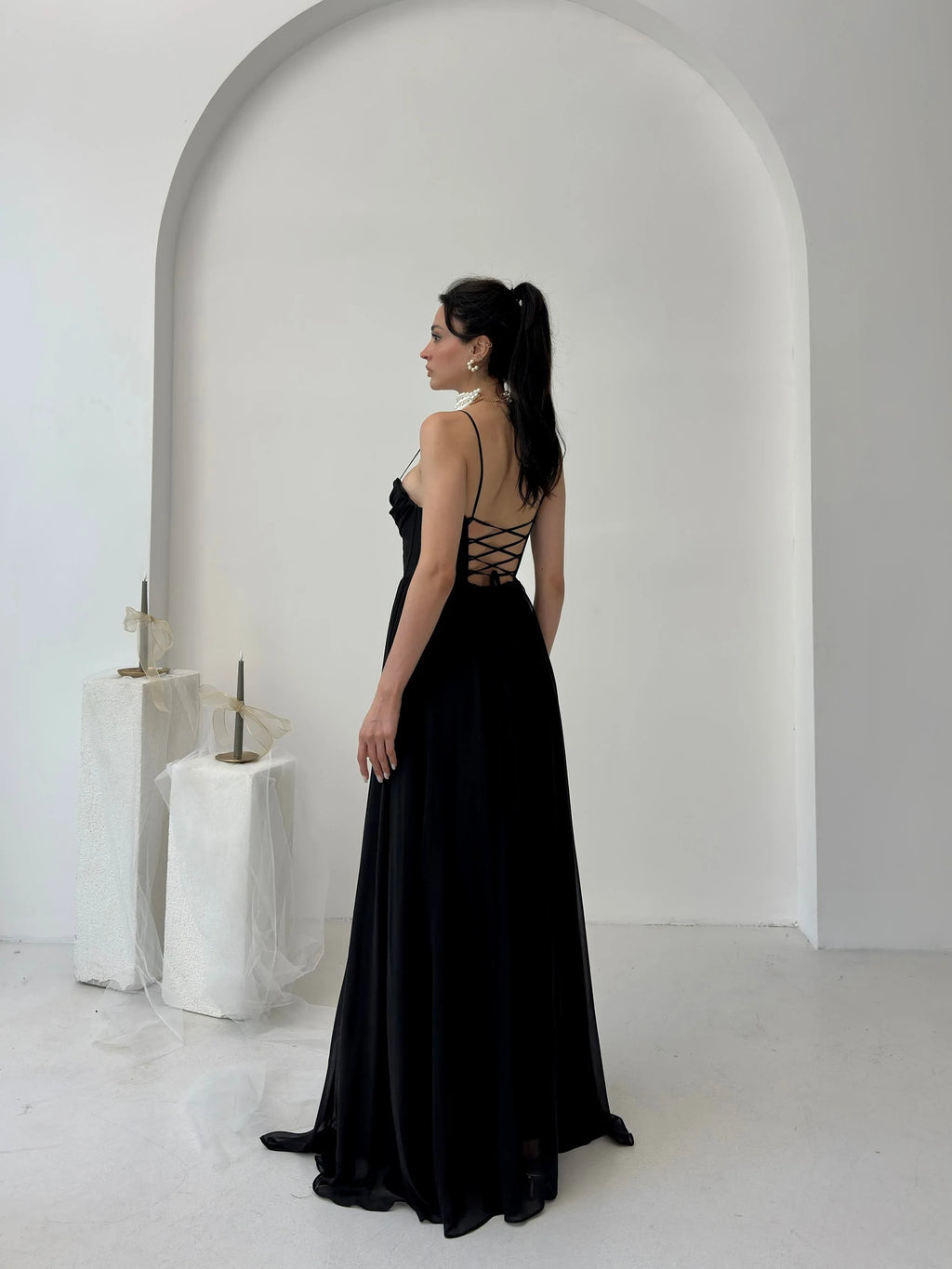 Chiffon Corset Slit Maxi Dress - Black - Mirelline Store