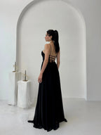 Chiffon Corset Slit Maxi Dress - Black - Mirelline Store