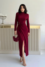 Ruched Mock Neck Maxi Dress - Burgundy - Mirelline Store