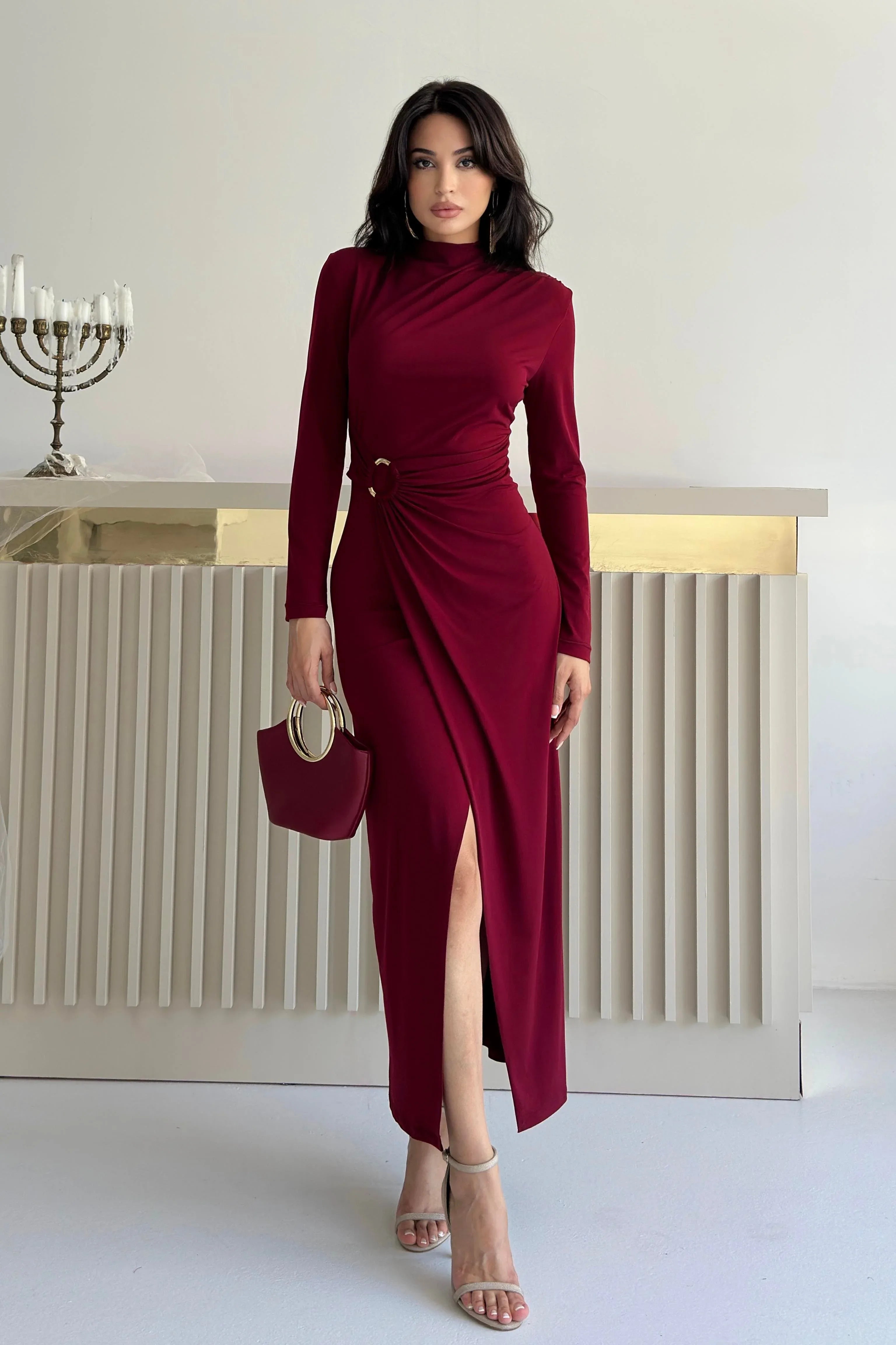 Ruched Mock Neck Maxi Dress - Burgundy - Mirelline Store