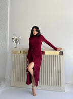 Ruched Mock Neck Maxi Dress - Burgundy - Mirelline Store