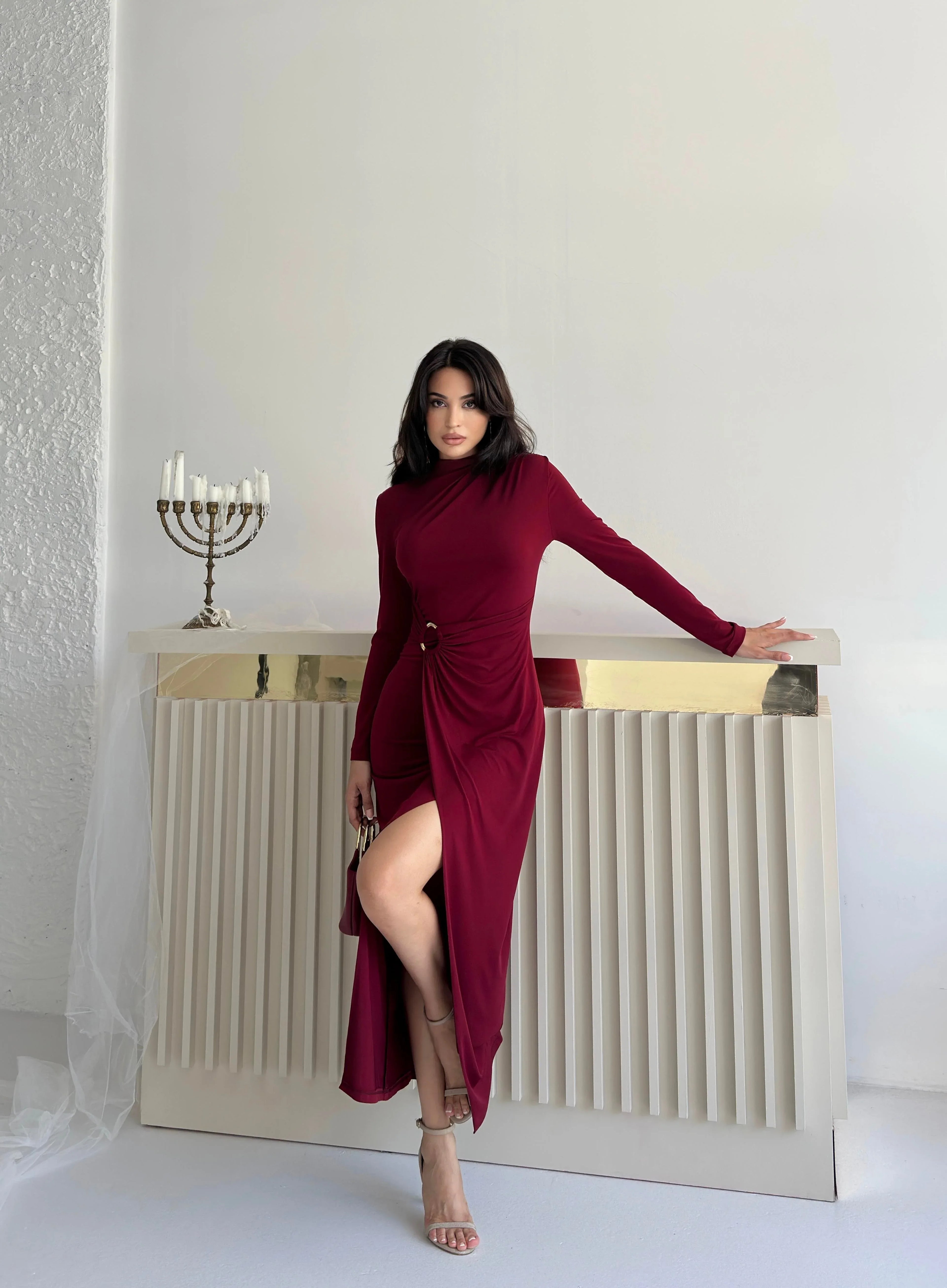 Ruched Mock Neck Maxi Dress - Burgundy - Mirelline Store