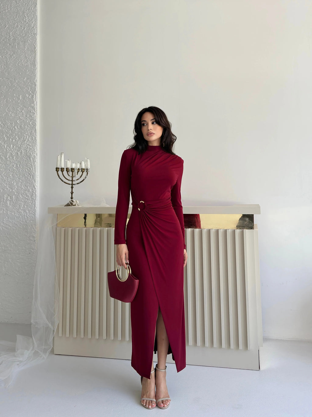 Ruched Mock Neck Maxi Dress - Burgundy - Mirelline Store
