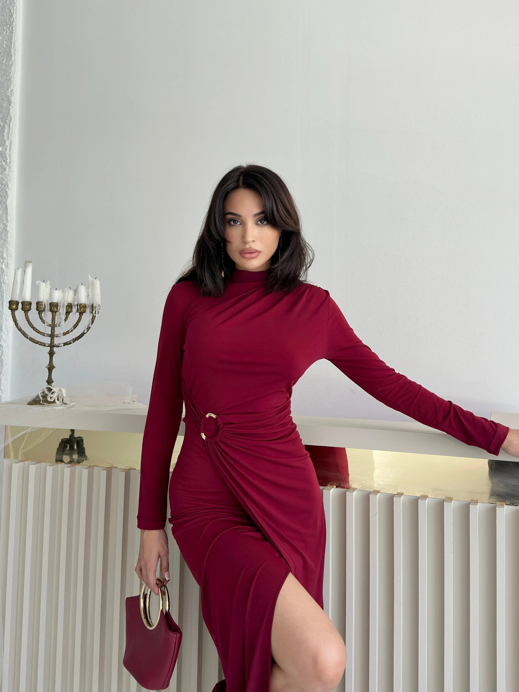 Ruched Mock Neck Maxi Dress - Burgundy - Mirelline Store