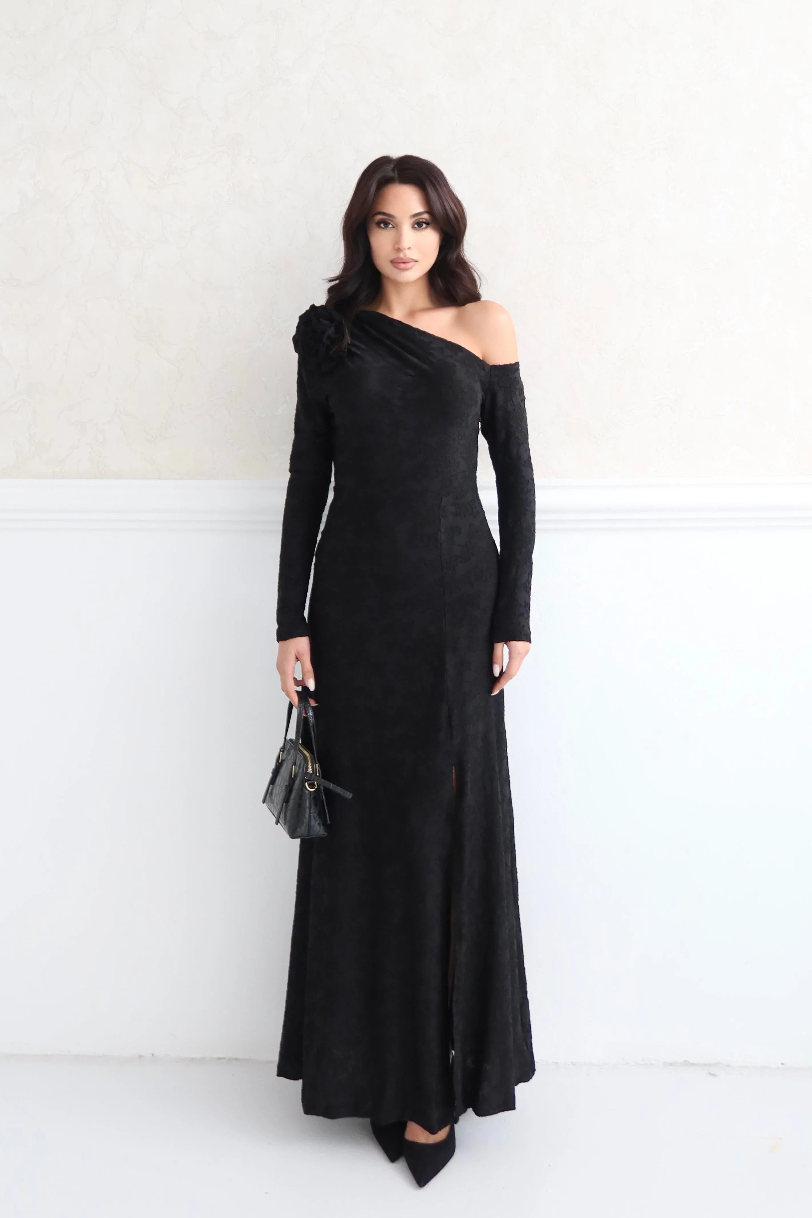 Draped Floral Jacquard One Shoulder Maxi Dress - Black - Mirelline Store