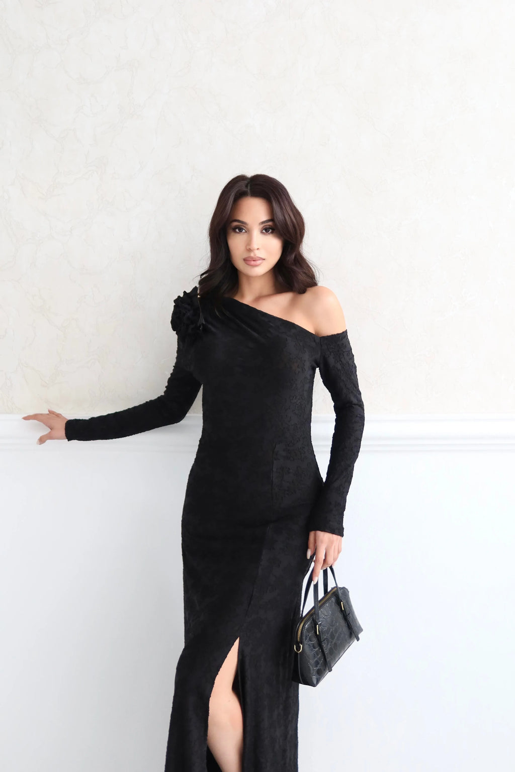 Draped Floral Jacquard One Shoulder Maxi Dress - Black - Mirelline Store