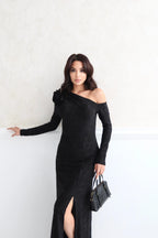 Draped Floral Jacquard One Shoulder Maxi Dress - Black - Mirelline Store