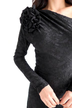 Draped Floral Jacquard One Shoulder Maxi Dress - Black - Mirelline Store