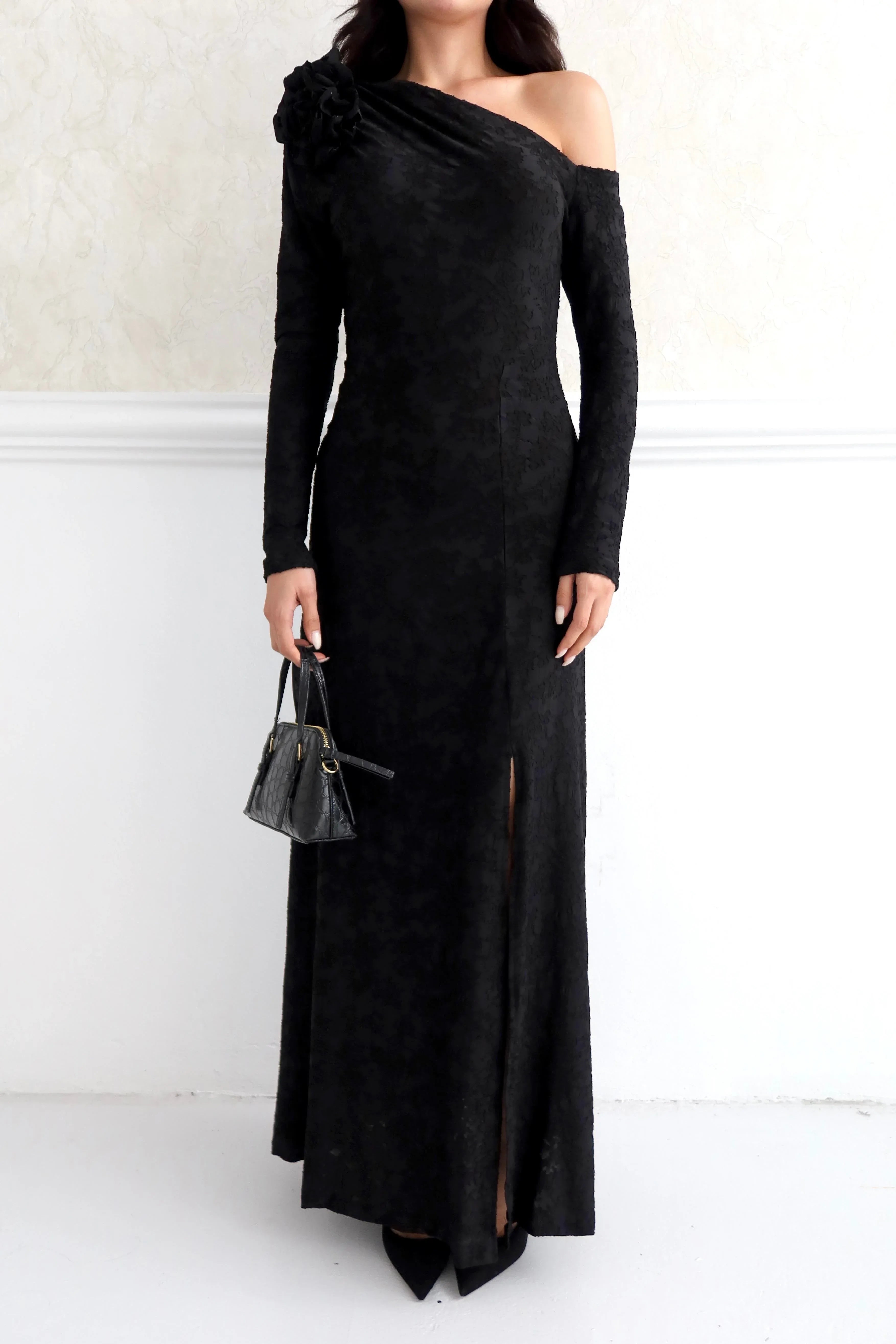 Draped Floral Jacquard One Shoulder Maxi Dress - Black - Mirelline Store