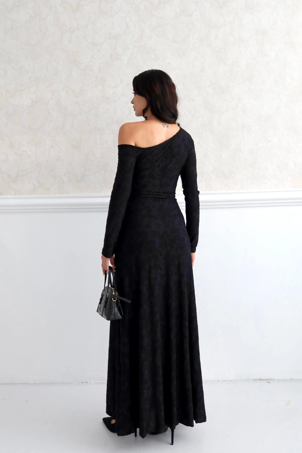 Draped Floral Jacquard One Shoulder Maxi Dress - Black - Mirelline Store