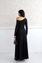 Draped Floral Jacquard One Shoulder Maxi Dress - Black - Mirelline Store
