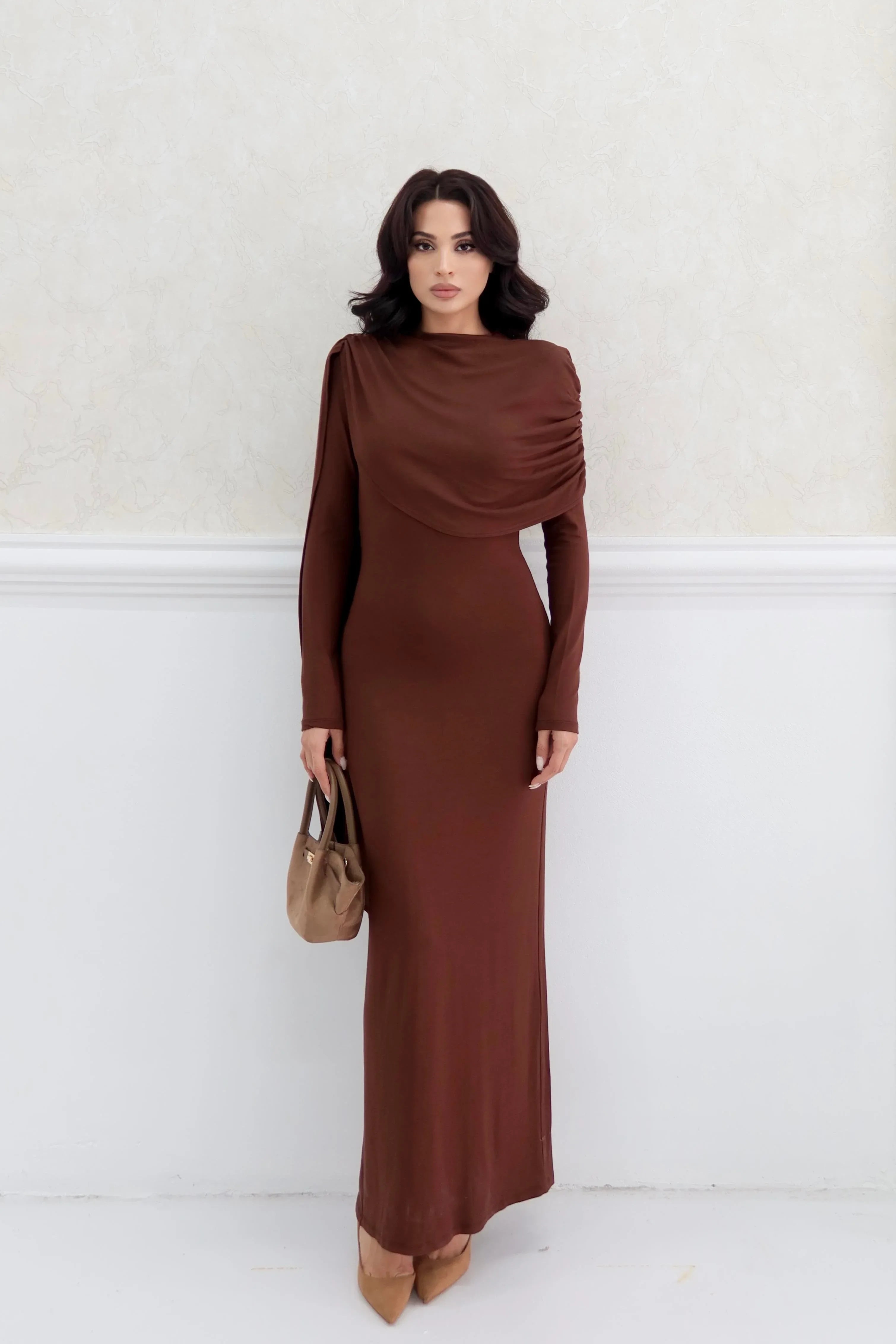Draped Shoulder Long Sleeve Maxi Dress - Brown - Mirelline Store