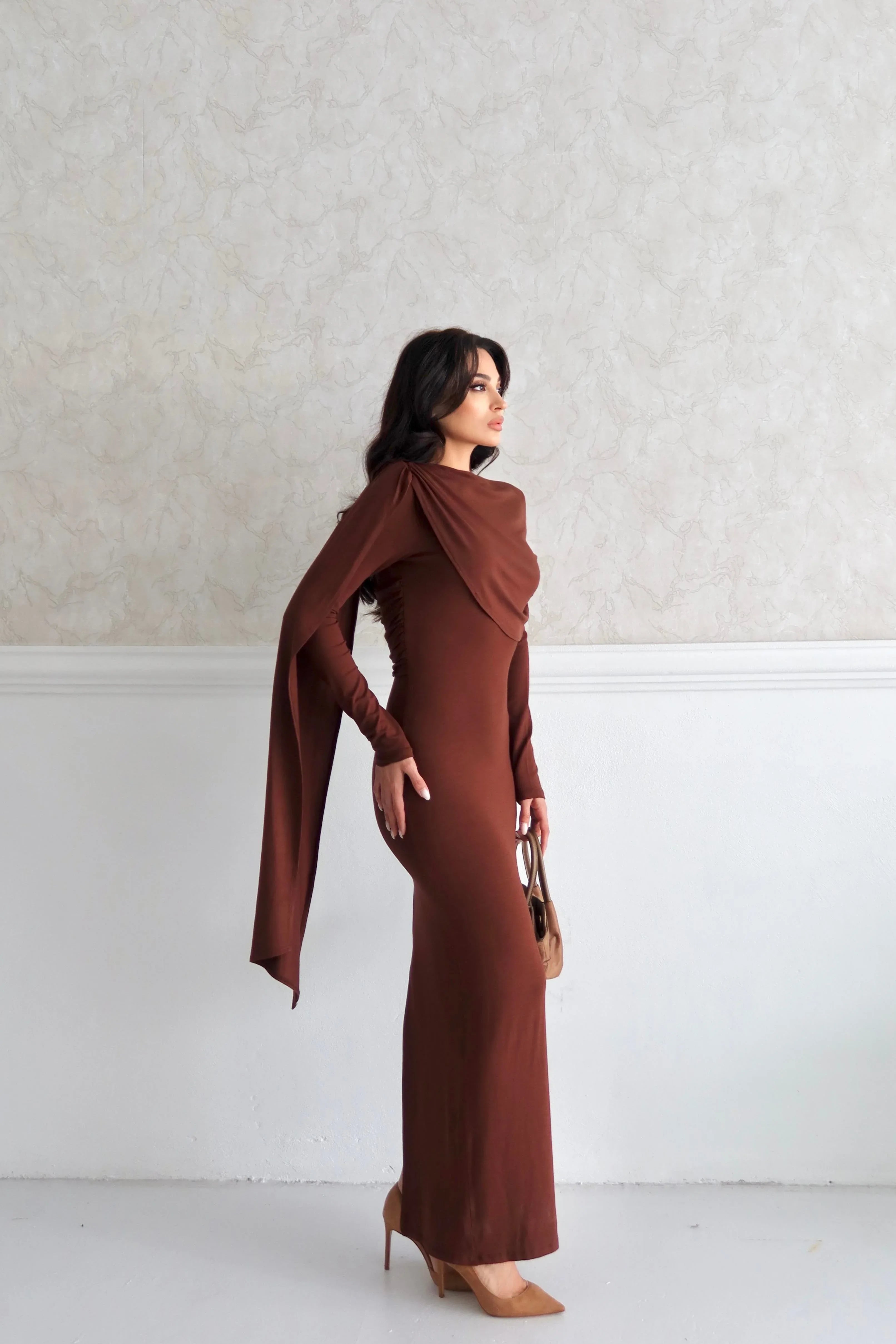 Draped Shoulder Long Sleeve Maxi Dress - Brown - Mirelline Store