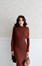 Draped Shoulder Long Sleeve Maxi Dress - Brown - Mirelline Store