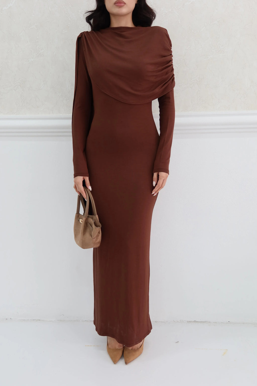 Draped Shoulder Long Sleeve Maxi Dress - Brown - Mirelline Store