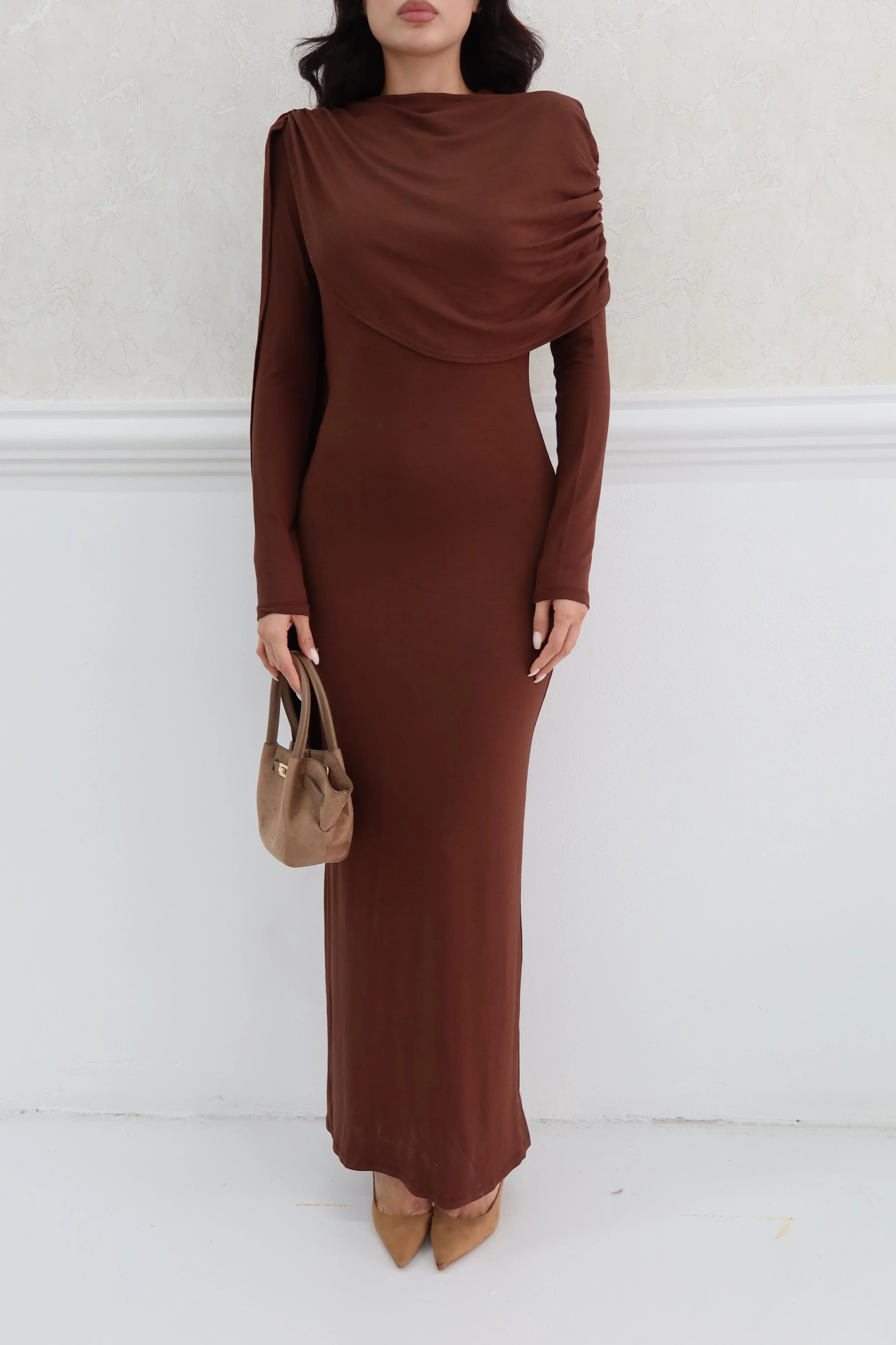 Draped Shoulder Long Sleeve Maxi Dress - Brown - Mirelline Store