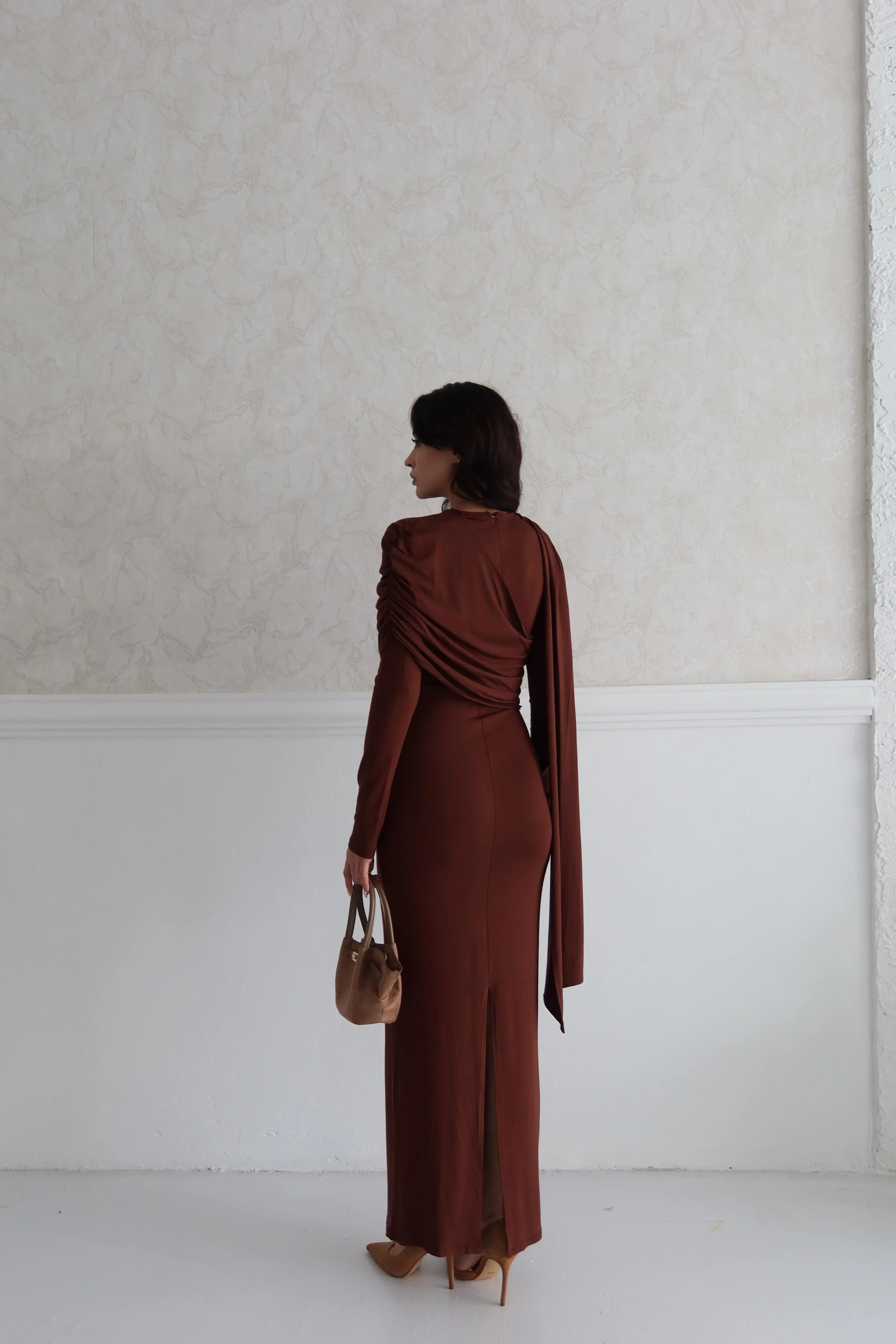 Draped Shoulder Long Sleeve Maxi Dress - Brown - Mirelline Store