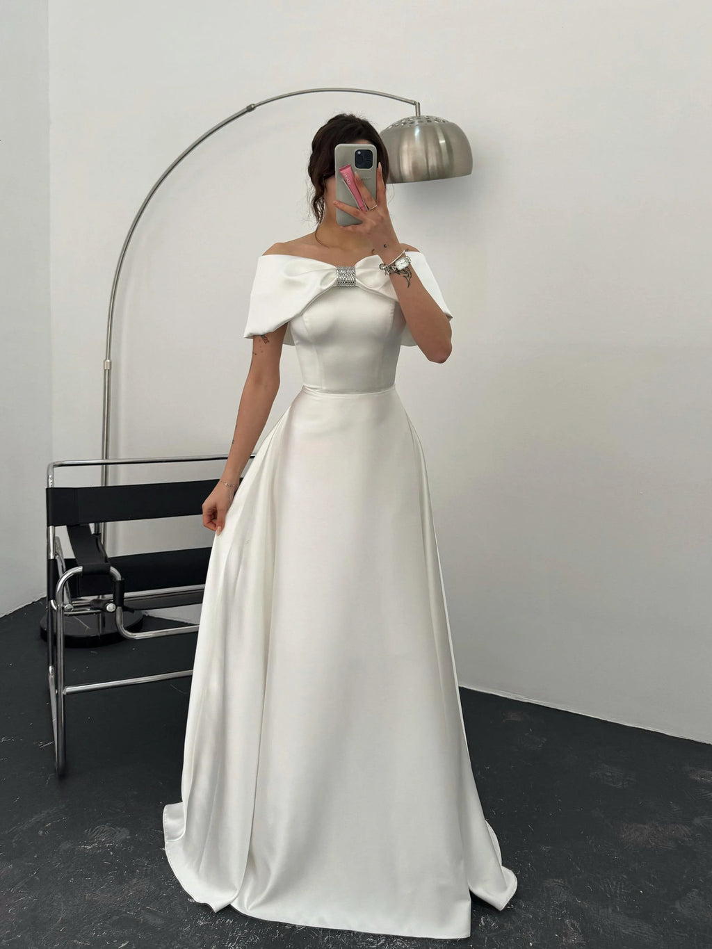 Off-Shoulder Embellished Bow Satin Gown - White - Mirelline Store