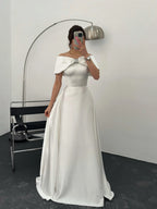 Off-Shoulder Embellished Bow Satin Gown - White - Mirelline Store