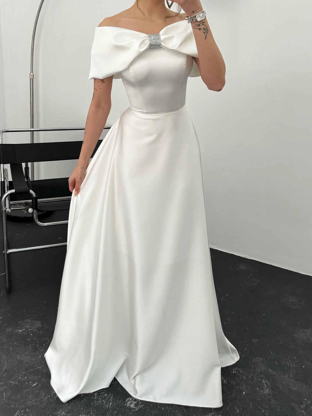 Off-Shoulder Embellished Bow Satin Gown - White - Mirelline Store