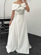 Off-Shoulder Embellished Bow Satin Gown - White - Mirelline Store