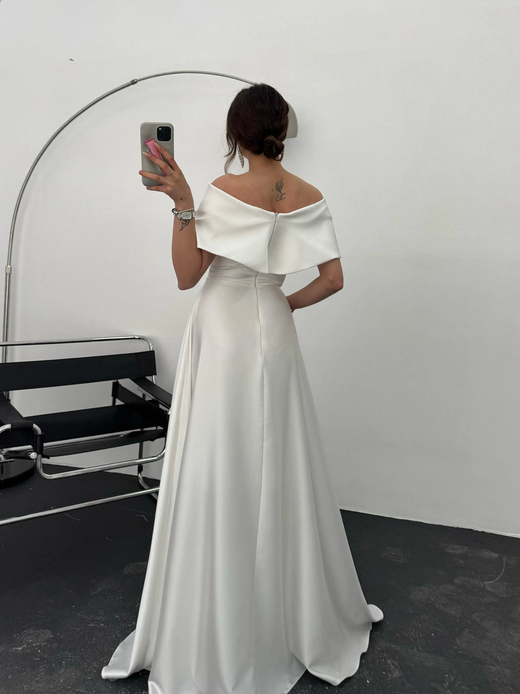 Off-Shoulder Embellished Bow Satin Gown - White - Mirelline Store