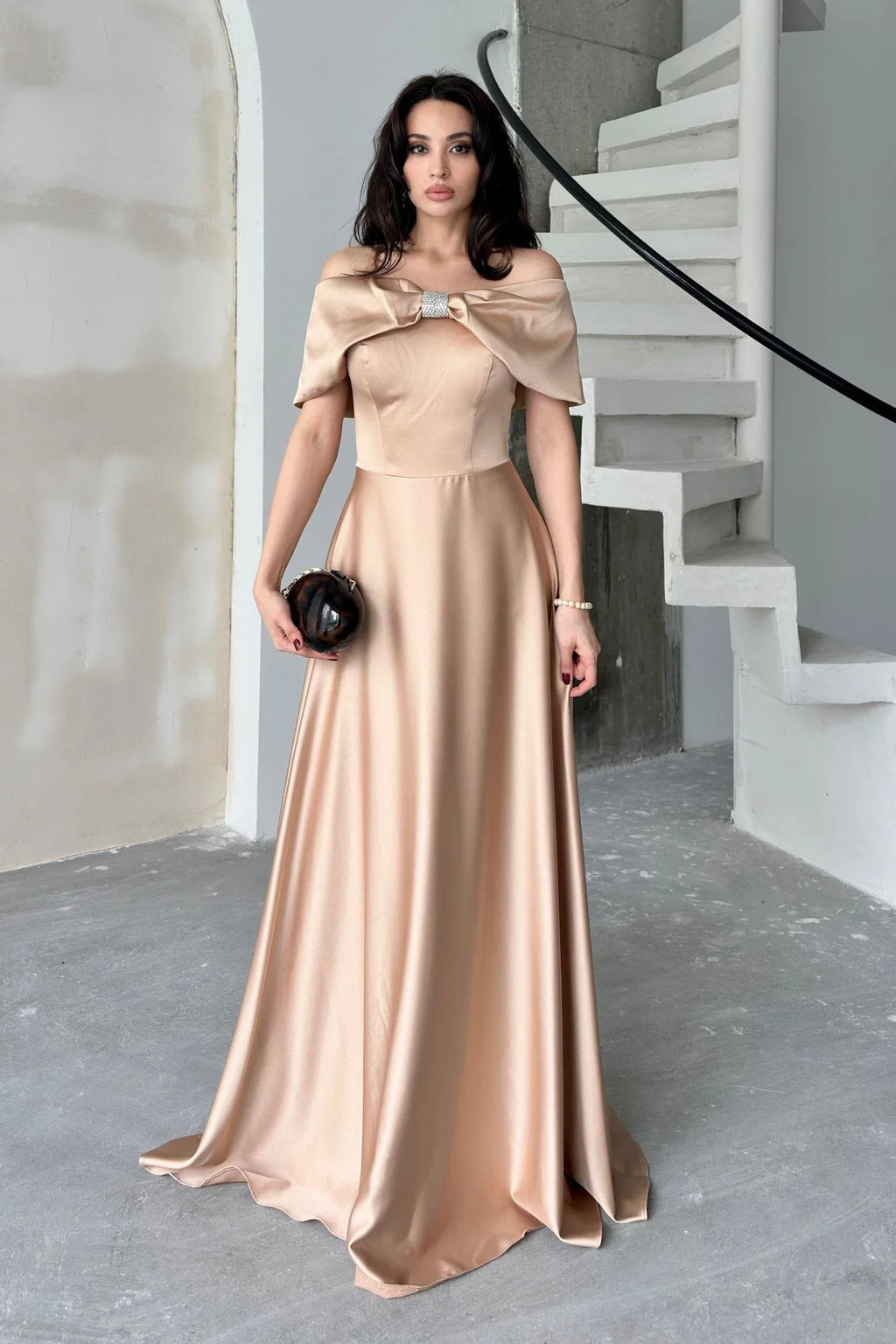 Off-Shoulder Embellished Bow Satin Maxi Dress - Beige - Mirelline Store