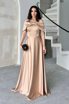 Off-Shoulder Embellished Bow Satin Maxi Dress - Beige - Mirelline Store