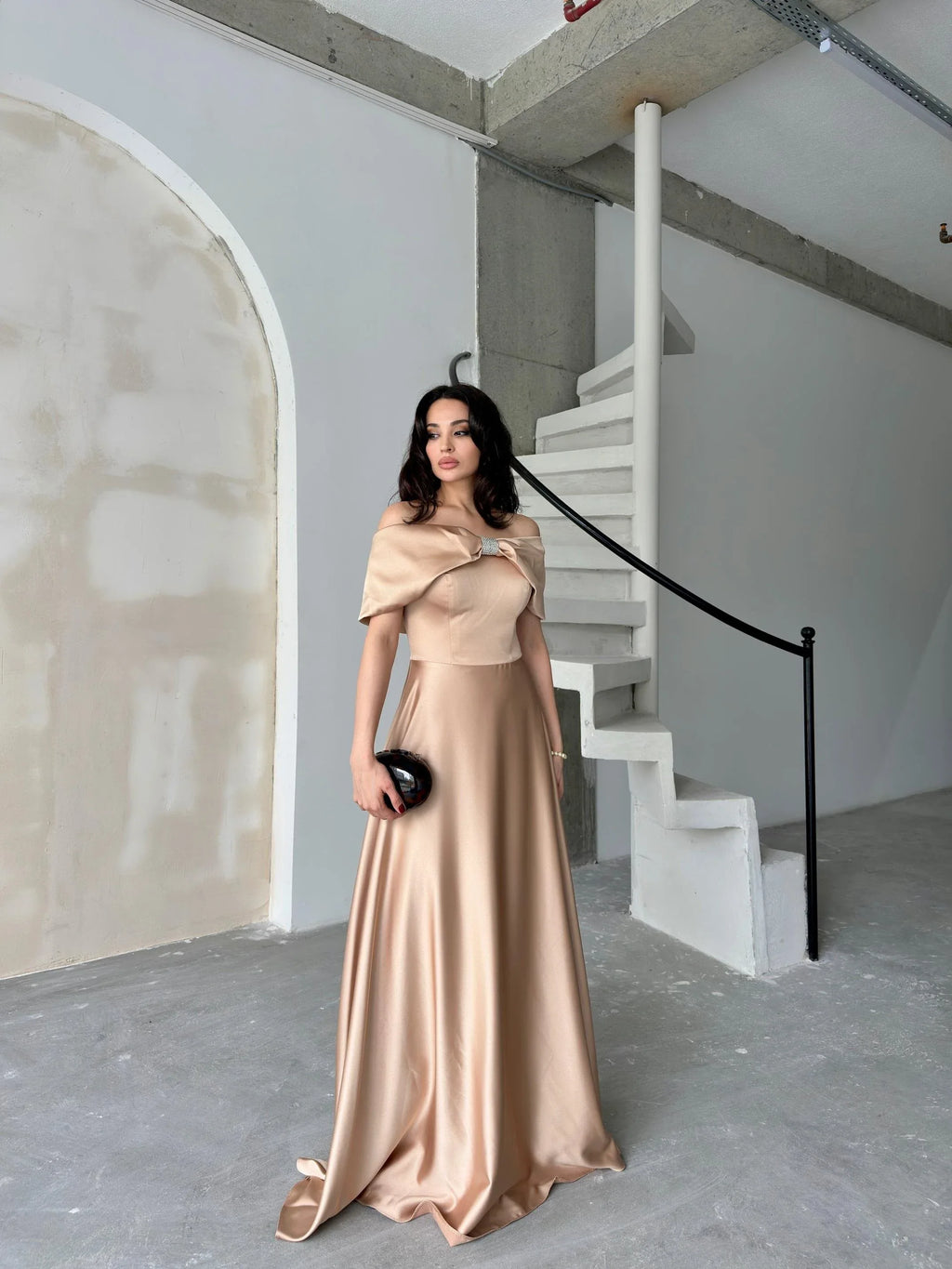 Off-Shoulder Embellished Bow Satin Maxi Dress - Beige - Mirelline Store