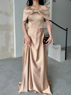 Off-Shoulder Embellished Bow Satin Maxi Dress - Beige - Mirelline Store