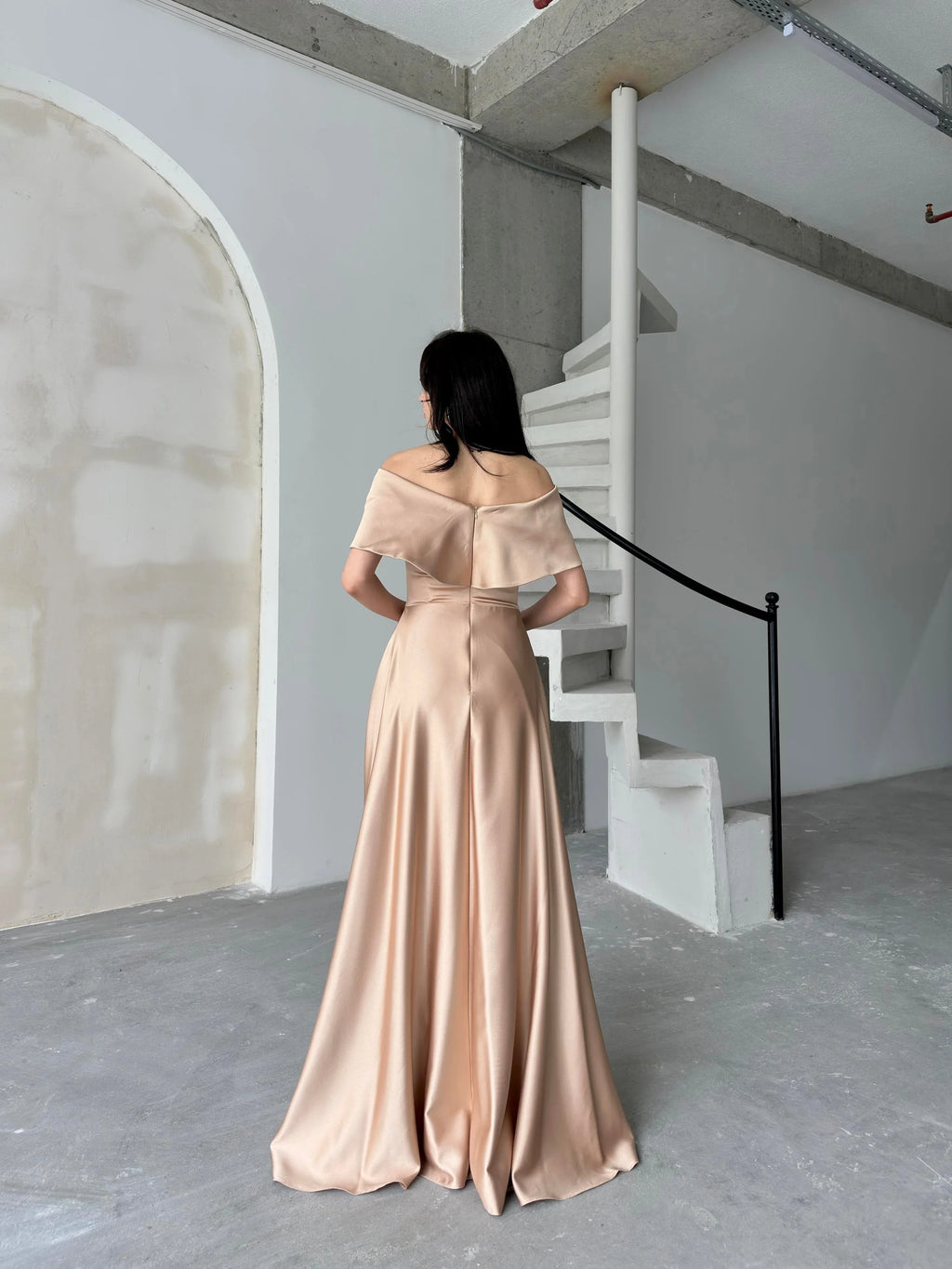 Off-Shoulder Embellished Bow Satin Maxi Dress - Beige - Mirelline Store