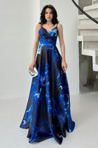 Printed Wrap-Neck Organza Maxi Dress - Saxe Blue Multi