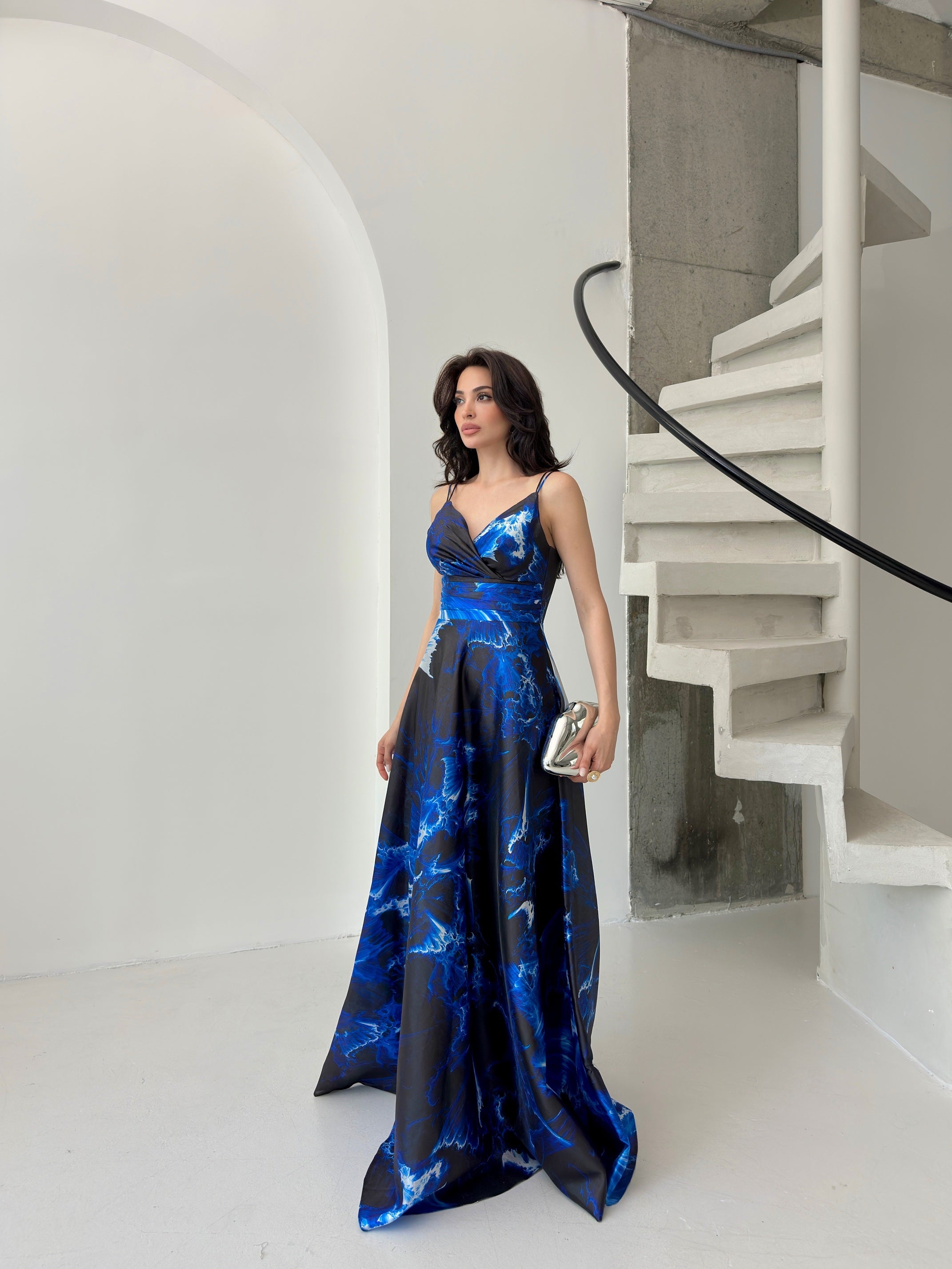 Printed Wrap-Neck Organza Maxi Dress - Saxe Blue Multi