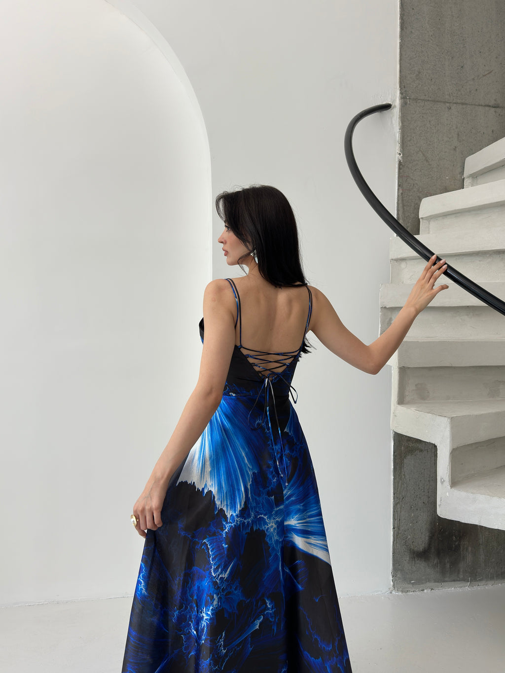 Printed Wrap-Neck Organza Maxi Dress - Saxe Blue Multi