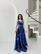 Printed Wrap-Neck Organza Maxi Dress - Saxe Blue Multi
