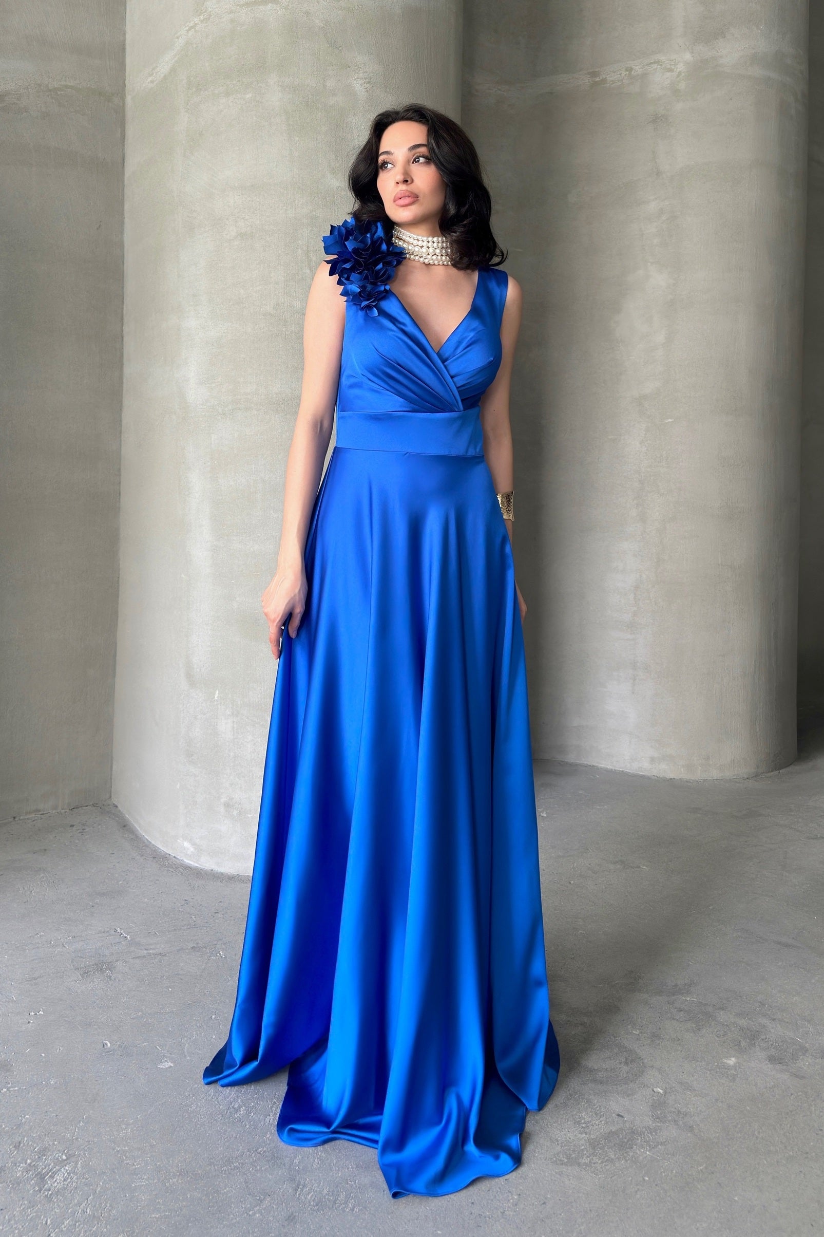 Surplice Neck Floral Shoulder Satin Maxi Dress - Saxe Blue